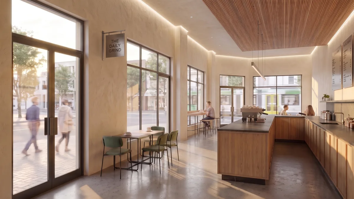 The Daily Grind Café — interior commercial 3D rendering
